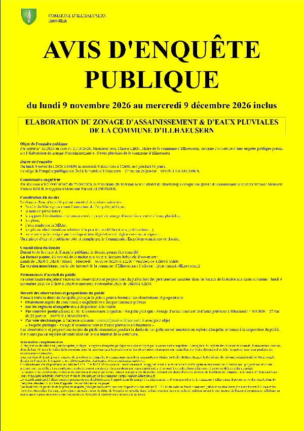 Avis d'enquête publique - Elaboration du zonage d'assainissement & d'eaux pluviales